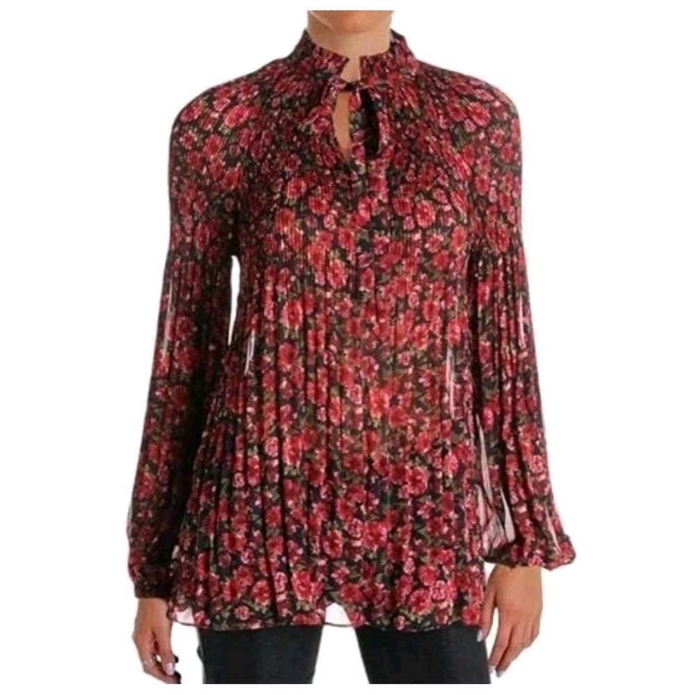 Lauren Ralph Lauren Duong Sheer Pleated Floral Blouse Womens Large Long Sleeve